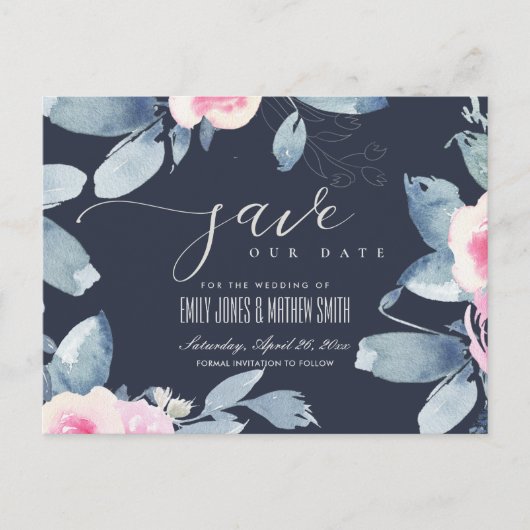 NAVY BLUSH BLUE FLORAL WATERVERF BEWAREN DE DATUM AANKONDIGINGSKAART (Voorkant)