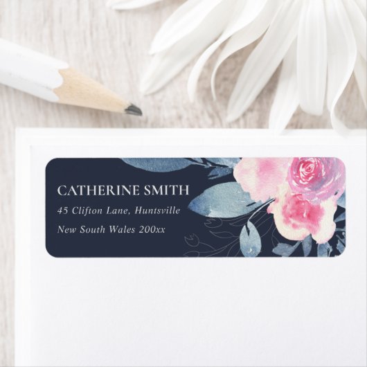 NAVY BLUSH BLUE FLORAL WATERVERF BUNCH ADRES ETIKET (Insitu)