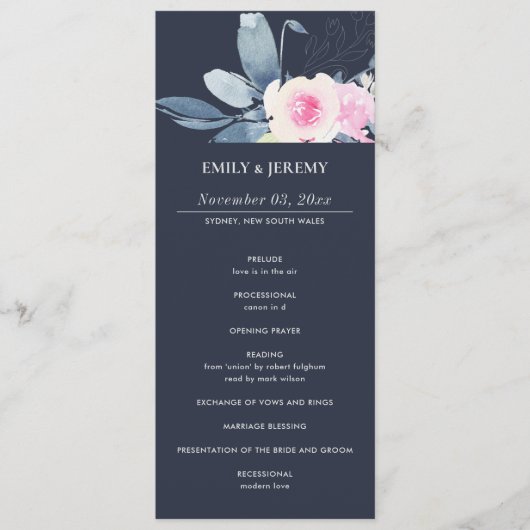 NAVY BLUSH BLUE FLORAL WEDDING CEREMONY PROGRAMMA (Voorkant)