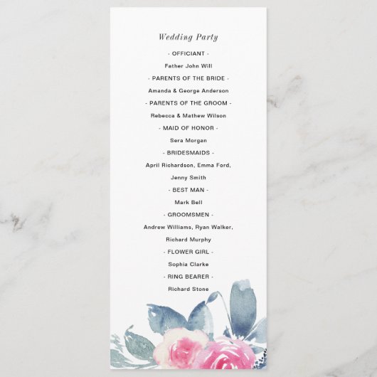 NAVY BLUSH BLUE FLORAL WEDDING CEREMONY PROGRAMMA (Achterkant)