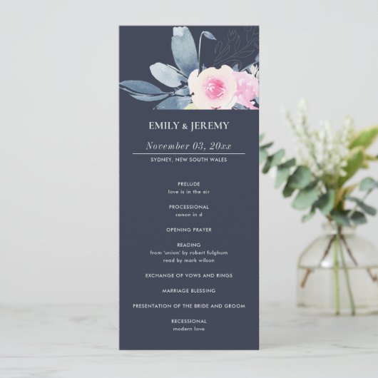 NAVY BLUSH BLUE FLORAL WEDDING CEREMONY PROGRAMMA (Staand voorkant)
