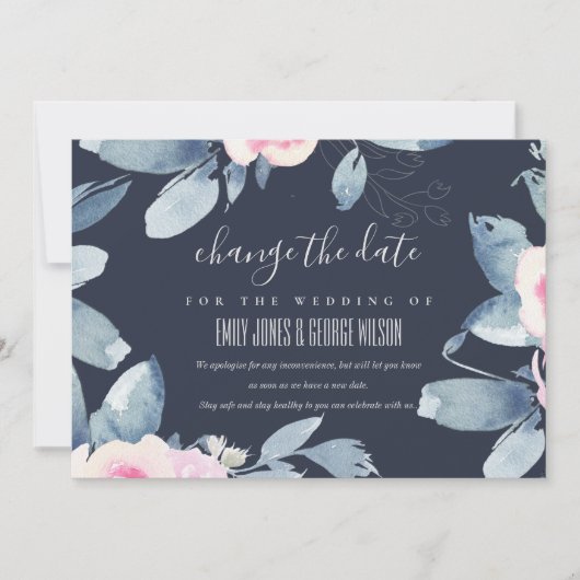 NAVY BLUSH BLUE FLORAL WEDDING VERANDERT DE DATUM KAART (Voorkant)