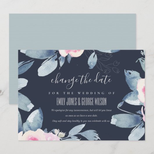 NAVY BLUSH BLUE FLORAL WEDDING VERANDERT DE DATUM KAART (Voorkant / Achterkant)