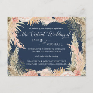 Navy Blush Bohemian Pampas Floral Virtual Wedding Briefkaart