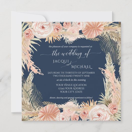 Navy Blush BOHO Roos Peony Floral Pampas Grass Kaart (Voorkant)