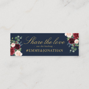 Navy & blush, bordeaux bloemenbruiloft hashtag kaa mini visitekaartje