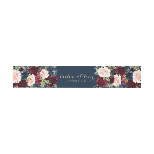 Navy blush bordeaux roze bloemengoud bruiloft uitnodigingen wikkel (Vlak)