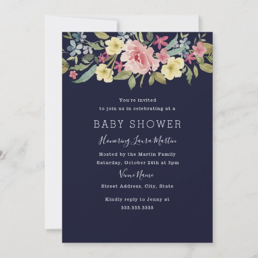 Navy Blush Botanical Waterverf Baby shower Kaart (Voorkant)