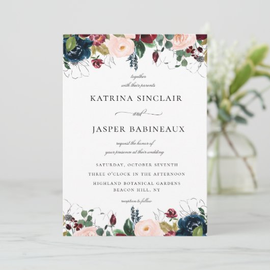 Navy Blush Bourgondië Floral bruiloft Kaart (Staand voorkant)