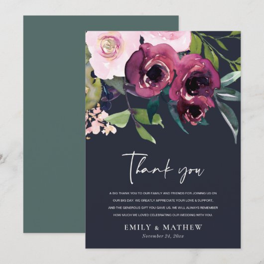 NAVY BLUSH BOURGONDIË WATERVERF BLOEMENTROS BEDANKKAART (Voorkant / Achterkant)