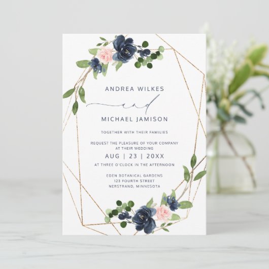 Navy & Blush Bruiloft nodigen geometrische faux Fo Kaart (Staand voorkant)