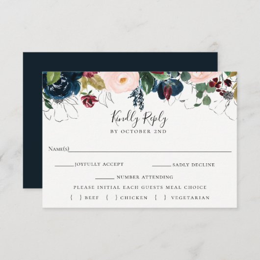 Navy Blush Bruiloft RSVP Maaltijdkeuze Kaart (Voorkant / Achterkant)