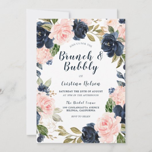 Navy & Blush Brunch & Bubble Vrijgezellenfeest Kaart (Voorkant)
