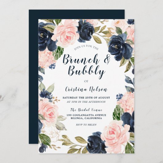 Navy & Blush Brunch & Bubble Vrijgezellenfeest Kaart (Voorkant / Achterkant)