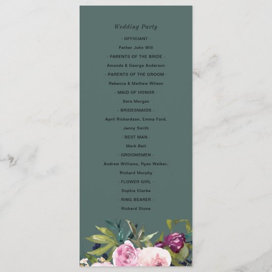 NAVY BLUSH BURGUNDY FLORA WEDDING CEREMONY PROGRAM MENU (Achterkant)