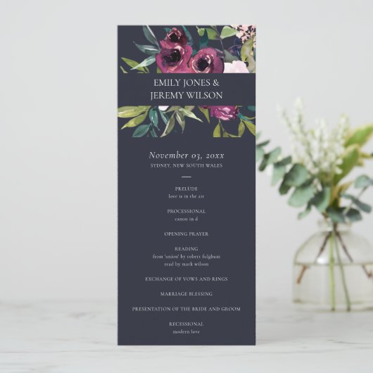 NAVY BLUSH BURGUNDY FLORA WEDDING CEREMONY PROGRAM MENU (Staand voorkant)