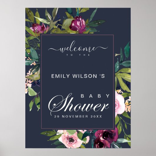 NAVY BLUSH BURGUNDY FLORAL BABY SHOWER WELCOME POSTER (Voorkant)