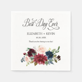 Navy Blush Burgundy Floral Best Day Ever Wedding Servet