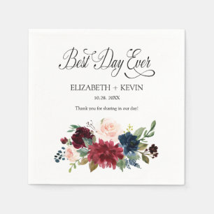 Navy Blush Burgundy Floral Best Day Ever Wedding Servet