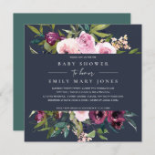 NAVY BLUSH BURGUNDY FLORAL BUNCH BABY SHOWER KAART (Voorkant / Achterkant)