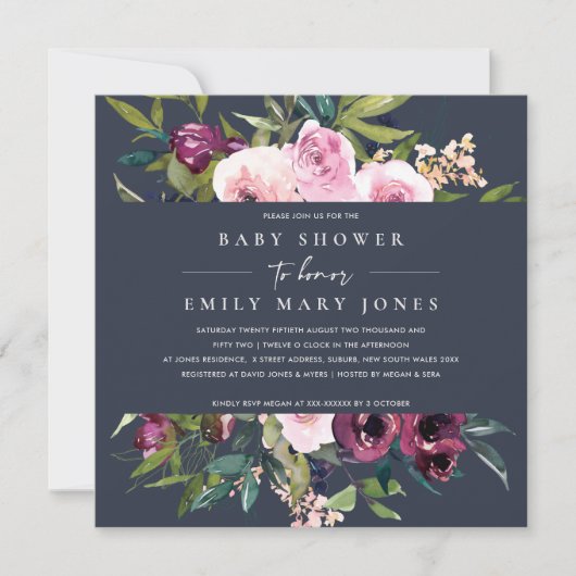 NAVY BLUSH BURGUNDY FLORAL BUNCH BABY SHOWER KAART (Voorkant)