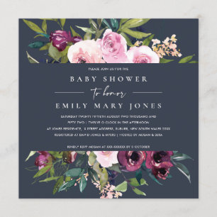 NAVY BLUSH BURGUNDY FLORAL BUNCH BABY SHOWER KAART