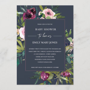 NAVY BLUSH BURGUNDY FLORAL BUNCH BABY SHOWER KAART