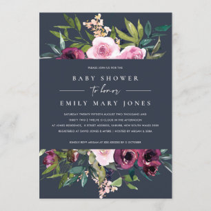NAVY BLUSH BURGUNDY FLORAL BUNCH BABY SHOWER KAART