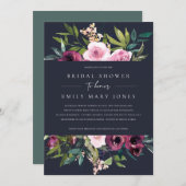 NAVY BLUSH BURGUNDY FLORAL BUNCH BRIDAL SHOWER KAART (Voorkant / Achterkant)