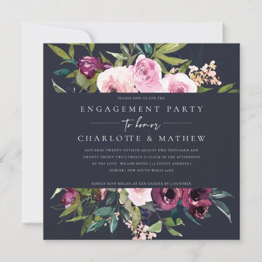 NAVY BLUSH BURGUNDY FLORAL BUNCH BRIDAL SHOWER KAART (Voorkant)