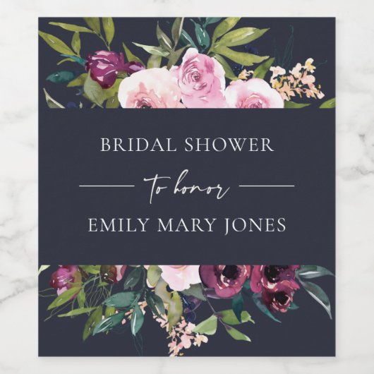 NAVY BLUSH BURGUNDY FLORAL BUNCH BRIDAL SHOWER WIJN ETIKET (Enkel label)