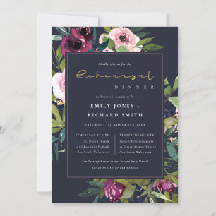 NAVY BLUSH BURGUNDY FLORAL BUNCH REHEARSAL DINNER KAART