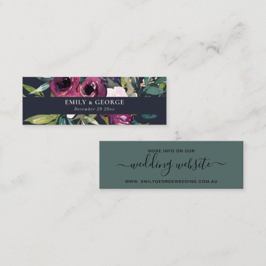 NAVY BLUSH BURGUNDY FLORAL BUNCH WEDDING WEBSITE MINI VISITEKAARTJE (Voorkant / Achterkant)