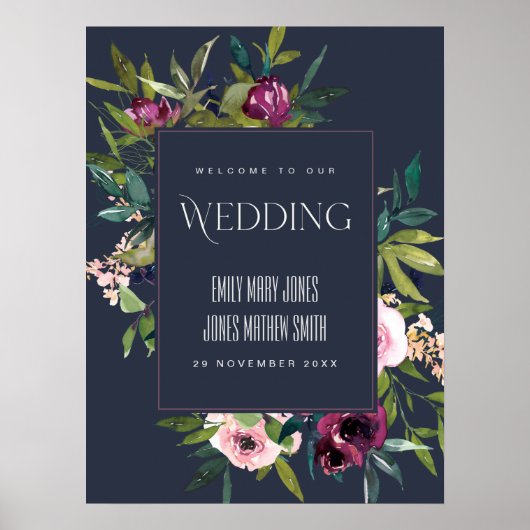 NAVY BLUSH BURGUNDY FLORAL BUNCH WEDDING WELCOME POSTER (Voorkant)