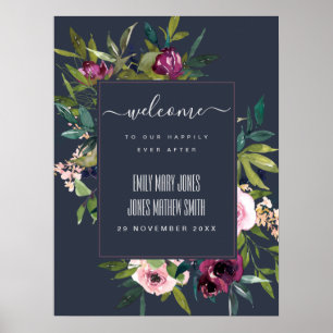 NAVY BLUSH BURGUNDY FLORAL BUNCH WEDDING WELCOME POSTER