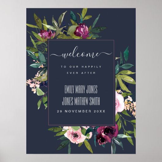 NAVY BLUSH BURGUNDY FLORAL BUNCH WEDDING WELCOME POSTER (Voorkant)