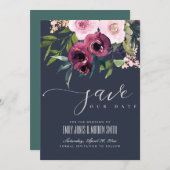 NAVY BLUSH BURGUNDY FLORAL BUNCH WEDING SAVE THE DATE (Voorkant / Achterkant)