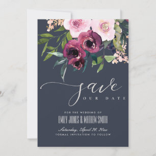 NAVY BLUSH BURGUNDY FLORAL BUNCH WEDING SAVE THE DATE