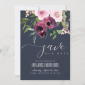 NAVY BLUSH BURGUNDY FLORAL BUNCH WEDING SAVE THE DATE (Voorkant)