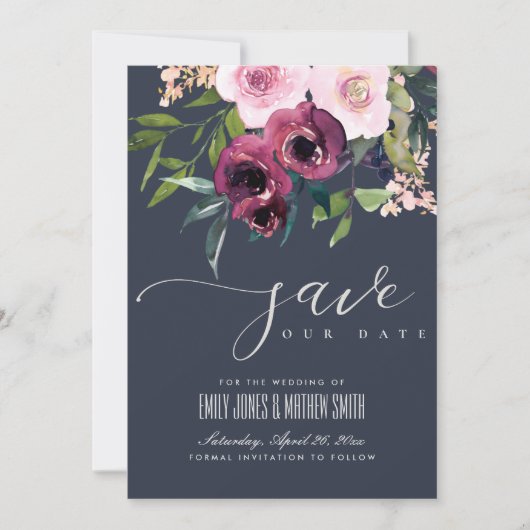NAVY BLUSH BURGUNDY FLORAL BUNCH WEDING SAVE THE DATE (Voorkant)