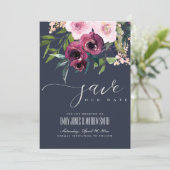 NAVY BLUSH BURGUNDY FLORAL BUNCH WEDING SAVE THE DATE (Staand voorkant)