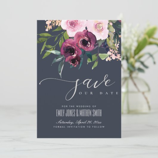 NAVY BLUSH BURGUNDY FLORAL BUNCH WEDING SAVE THE DATE (Staand voorkant)