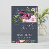NAVY BLUSH BURGUNDY FLORAL BUNCH WEDING SAVE THE DATE (Staand voorkant)