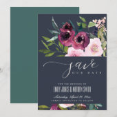 NAVY BLUSH BURGUNDY FLORAL BUNCH WEDING SAVE THE DATE (Voorkant / Achterkant)