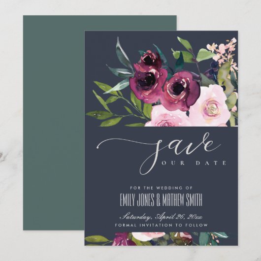 NAVY BLUSH BURGUNDY FLORAL BUNCH WEDING SAVE THE DATE (Voorkant / Achterkant)
