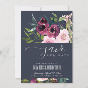 NAVY BLUSH BURGUNDY FLORAL BUNCH WEDING SAVE THE DATE