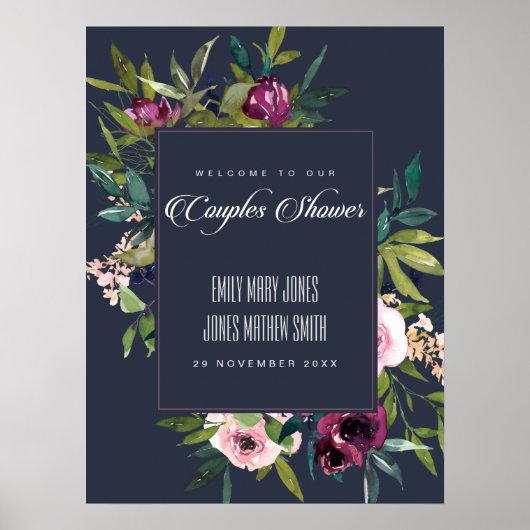 NAVY BLUSH BURGUNDY FLORAL COUPLES SHOWER WELCOME POSTER (Voorkant)