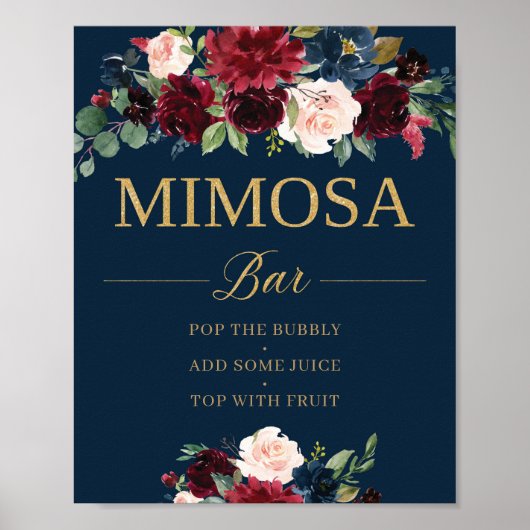 Navy blush burgundy floral mimosa bar bruiloft poster (Voorkant)