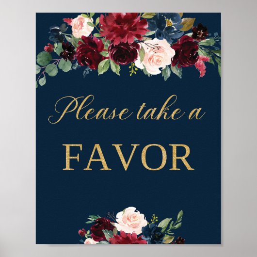 Navy blush burgundy florale gunstteken bruiloft poster (Voorkant)