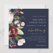 NAVY BLUSH BURGUNDY PROTEA PEONY FLORAL WEDING KAART (Voorkant)